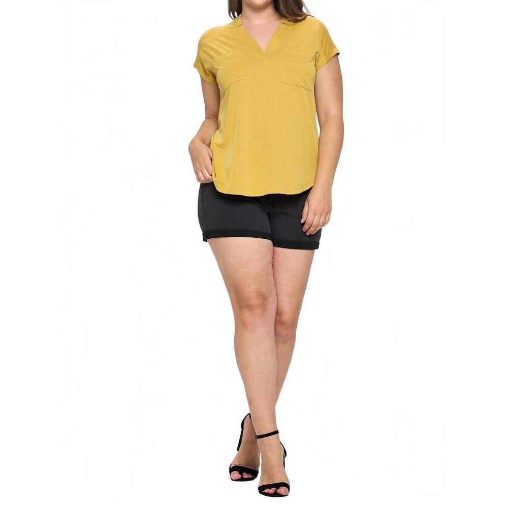 NEW DOE AND RAE curpo slit v-neck top with pleat detail in mustard